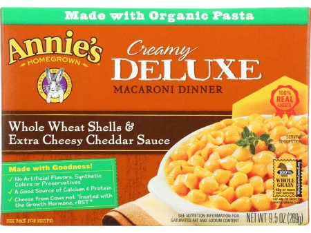 Annies Homegrown Macaroni Dinner - Creamy Deluxe - Whole Wheat Shells And Extra Cheesy Cheddar Sauce - 9.5 Oz - Case Of 12 on Sale